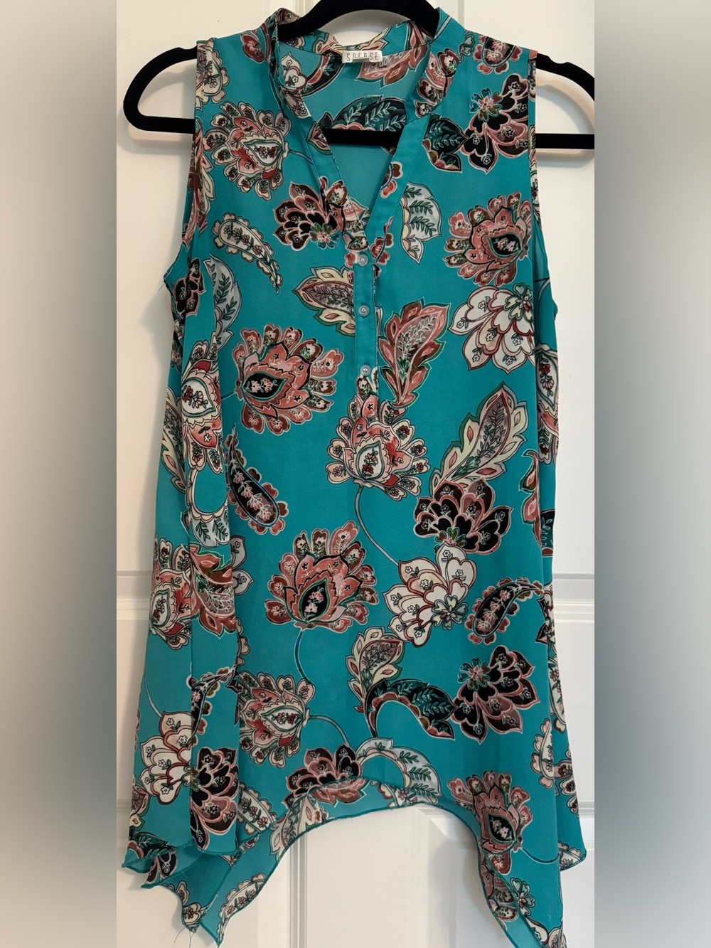 Spense Sleeveless Floral Paisley Tunic Top Women’s M/M Teal Sharkbite Hem Boho